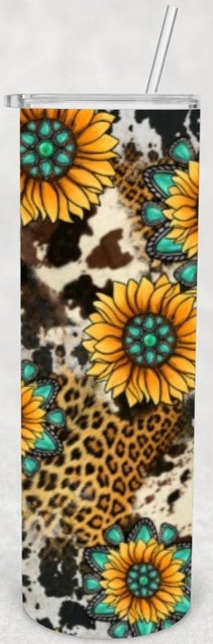 SUNFLOWER LEOPARD COW PRINT GEMSTONE SKINNY TUMBLER