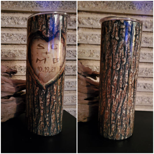 SUBLIMATION - Heart tree carving tumbler / Tree Bark tumbler